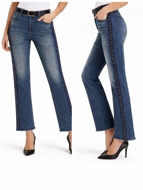Veronica Beard Medium Blue Flare Jeans with Studded Navy Side Stripe